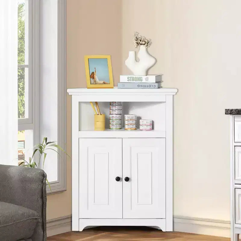 Mobile ad angolo per ripostiglio da 32", Armadietto basso a 3 ripiani con 2 ante in legno e ripiani regolabili, Mobile da cucina ad angolo indipendente