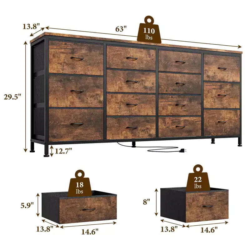 Cassettiera per TV da 63" W per TV da 65, 70, 75 pollici, comò a 14 cassetti per camera da letto con prese di corrente, centro di intrattenimento grande e lungo in tessuto