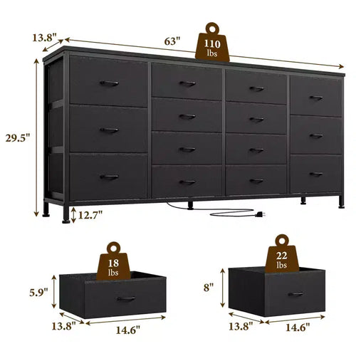 Cassettiera per TV da 63" W per TV da 65, 70, 75 pollici, comò a 14 cassetti per camera da letto con prese di corrente, centro di intrattenimento grande e lungo in tessuto