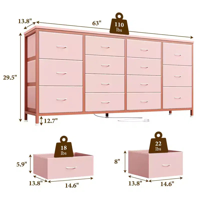 Cassettiera per TV da 63" W per TV da 65, 70, 75 pollici, comò a 14 cassetti per camera da letto con prese di corrente, centro di intrattenimento grande e lungo in tessuto
