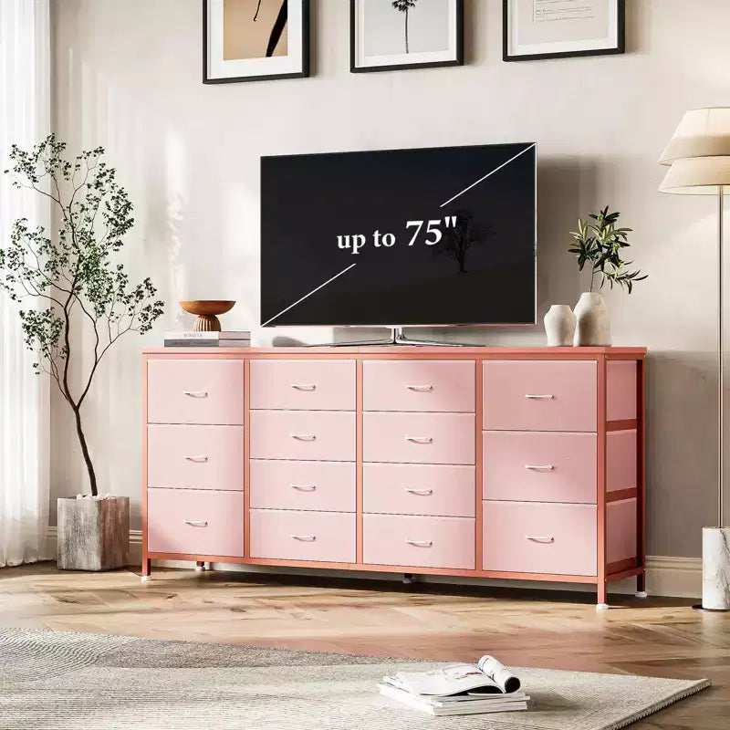 Cassettiera per TV da 63" W per TV da 65, 70, 75 pollici, comò a 14 cassetti per camera da letto con prese di corrente, centro di intrattenimento grande e lungo in tessuto