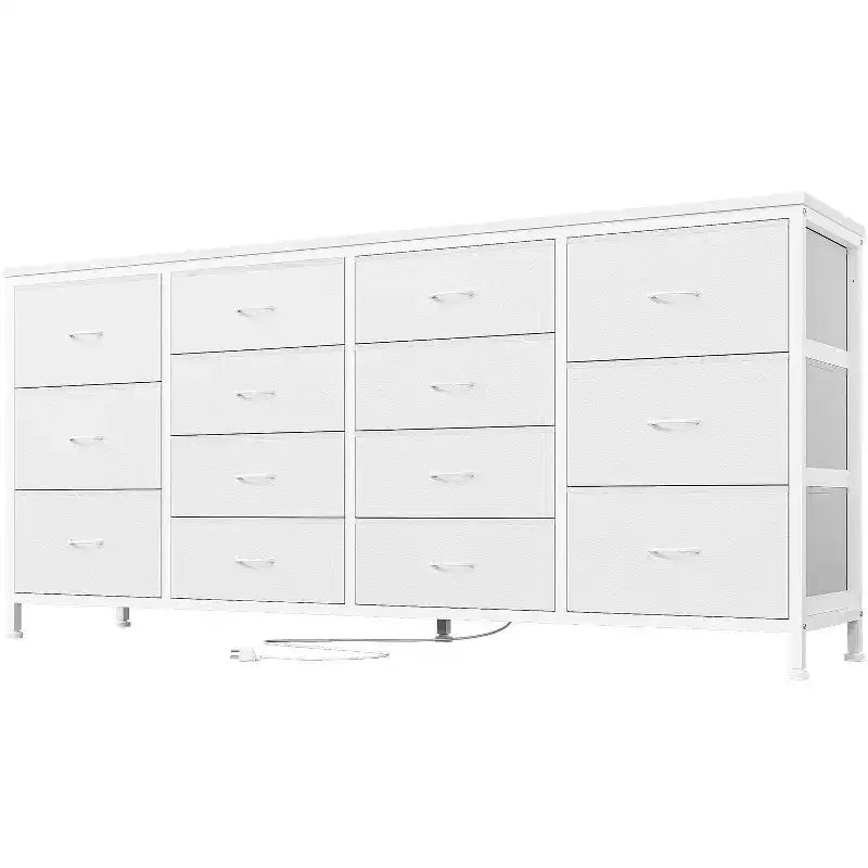 Cassettiera per TV da 63" W per TV da 65, 70, 75 pollici, comò a 14 cassetti per camera da letto con prese di corrente, centro di intrattenimento grande e lungo in tessuto