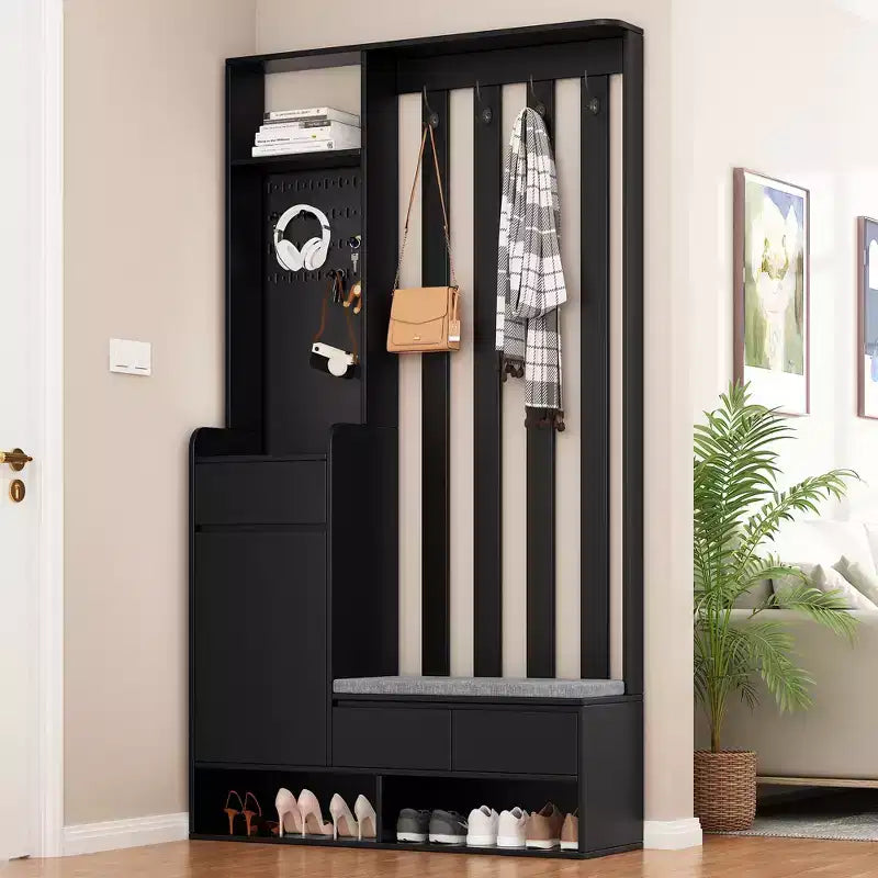 Appendiabiti moderno da ingresso con panca contenitore imbottita, scarpiera multifunzionale da corridoio con pannello forato e 4 ganci