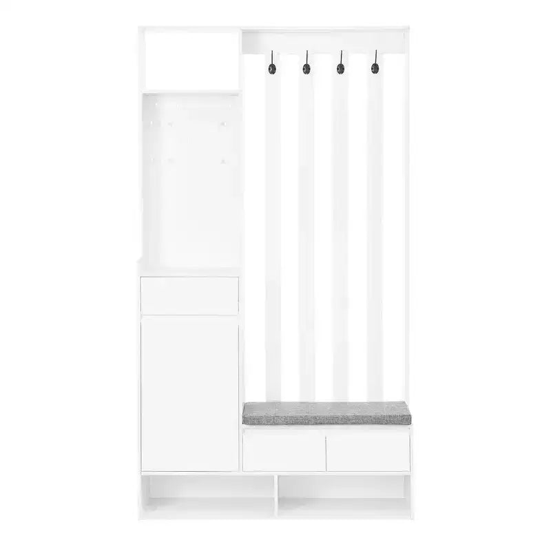 Appendiabiti moderno da ingresso con panca contenitore imbottita, scarpiera multifunzionale da corridoio con pannello forato e 4 ganci