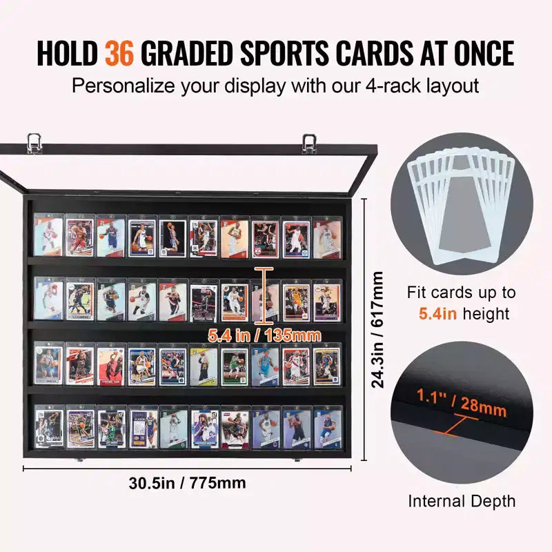 Vetrina Espositiva per 36 Carte Sportive Graded, 30.5x24.3x2.1 pollici, Cornice Espositiva per Carte da Baseball con Vetro PC Trasparente con Protezione UV al 98%, Nera