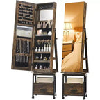 360Swivel Jewelry Armoire, Lockable Standing Jewelry Organizer with Mirror, Drawers and Wheels, Jewelry Armoire with Collapsible Makeup Stand