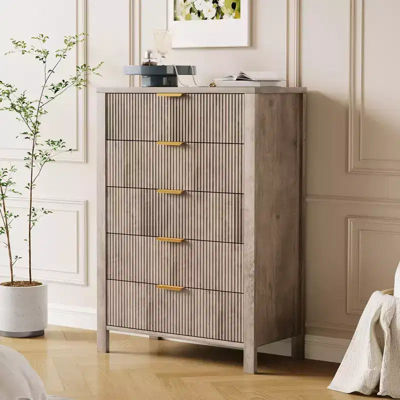 Cassettiera scanalata a 5 cassetti - Cassettiera stretta alta 114 cm per piccoli spazi, Comò in legno moderno stile rustico per camera da letto, cameretta, appartamento, Facile montaggio
