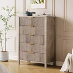 Cassettiera scanalata a 5 cassetti - Cassettiera stretta alta 114 cm per piccoli spazi, Comò in legno moderno stile rustico per camera da letto, cameretta, appartamento, Facile montaggio