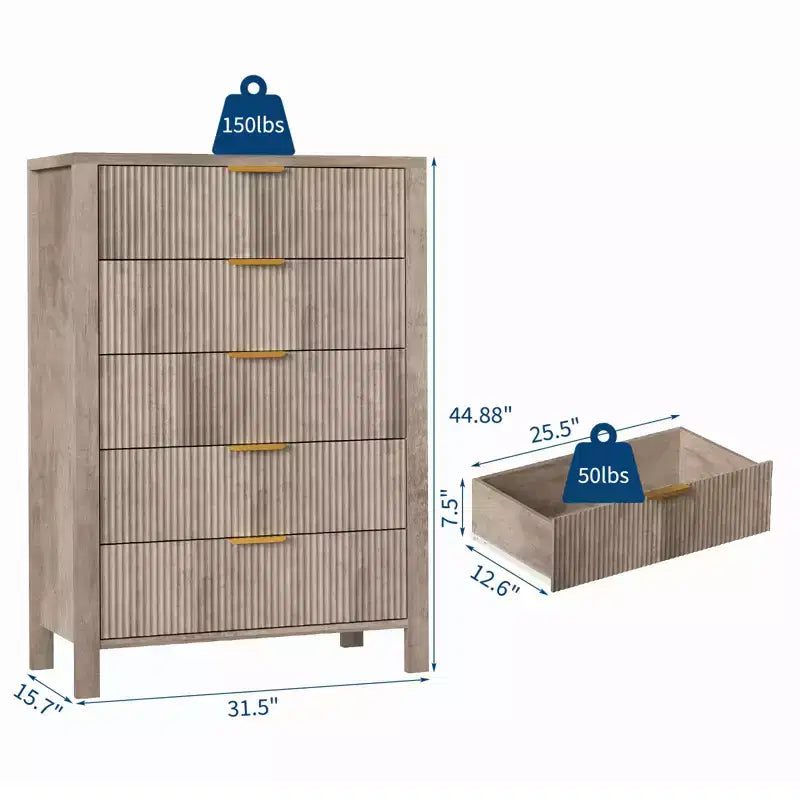 Cassettiera scanalata a 5 cassetti - Cassettiera stretta alta 114 cm per piccoli spazi, Comò in legno moderno stile rustico per camera da letto, cameretta, appartamento, Facile montaggio