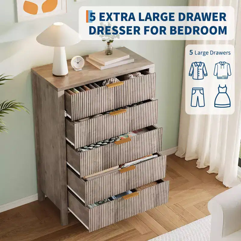 Cassettiera scanalata a 5 cassetti - Cassettiera stretta alta 114 cm per piccoli spazi, Comò in legno moderno stile rustico per camera da letto, cameretta, appartamento, Facile montaggio