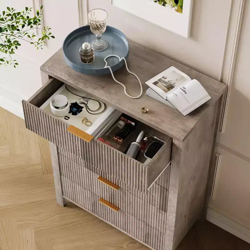 Cassettiera scanalata a 5 cassetti - Cassettiera stretta alta 114 cm per piccoli spazi, Comò in legno moderno stile rustico per camera da letto, cameretta, appartamento, Facile montaggio