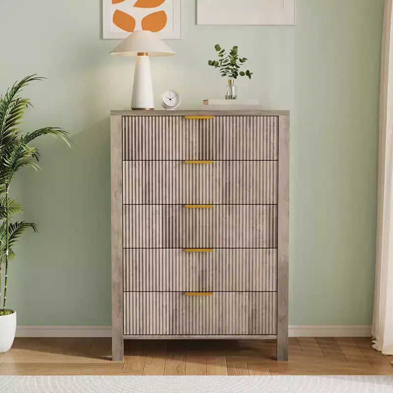Cassettiera scanalata a 5 cassetti - Cassettiera stretta alta 114 cm per piccoli spazi, Comò in legno moderno stile rustico per camera da letto, cameretta, appartamento, Facile montaggio