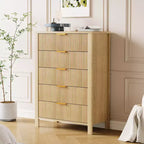 Cassettiera scanalata a 5 cassetti - Cassettiera stretta alta 114 cm per piccoli spazi, Comò in legno moderno stile rustico per camera da letto, cameretta, appartamento, Facile montaggio