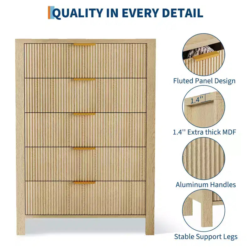 Cassettiera scanalata a 5 cassetti - Cassettiera stretta alta 114 cm per piccoli spazi, Comò in legno moderno stile rustico per camera da letto, cameretta, appartamento, Facile montaggio