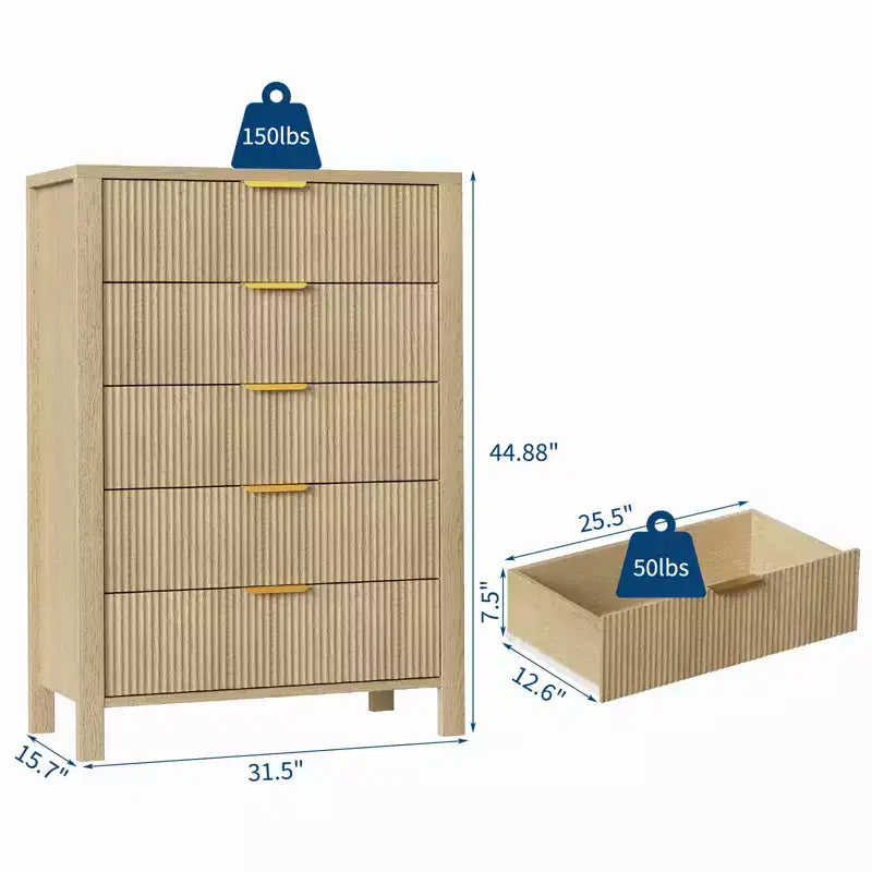 Cassettiera scanalata a 5 cassetti - Cassettiera stretta alta 114 cm per piccoli spazi, Comò in legno moderno stile rustico per camera da letto, cameretta, appartamento, Facile montaggio