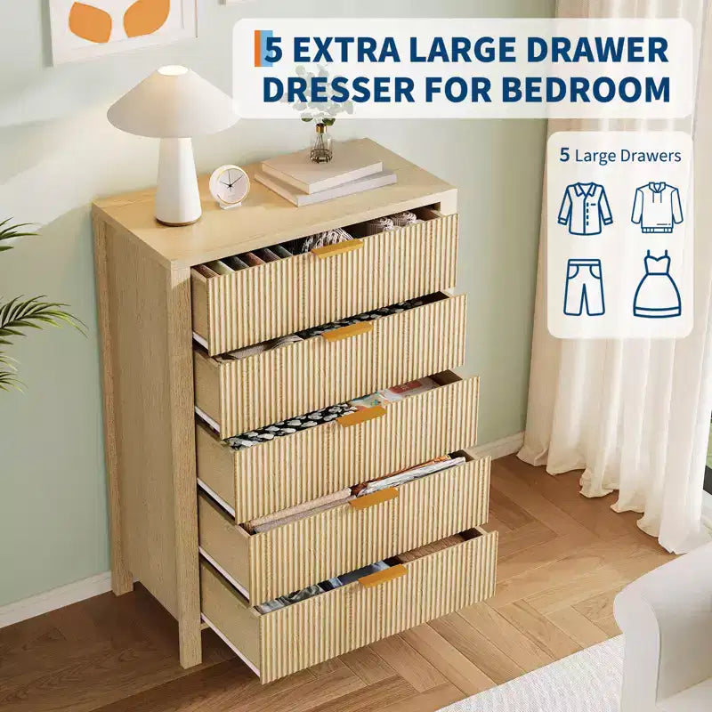 Cassettiera scanalata a 5 cassetti - Cassettiera stretta alta 114 cm per piccoli spazi, Comò in legno moderno stile rustico per camera da letto, cameretta, appartamento, Facile montaggio