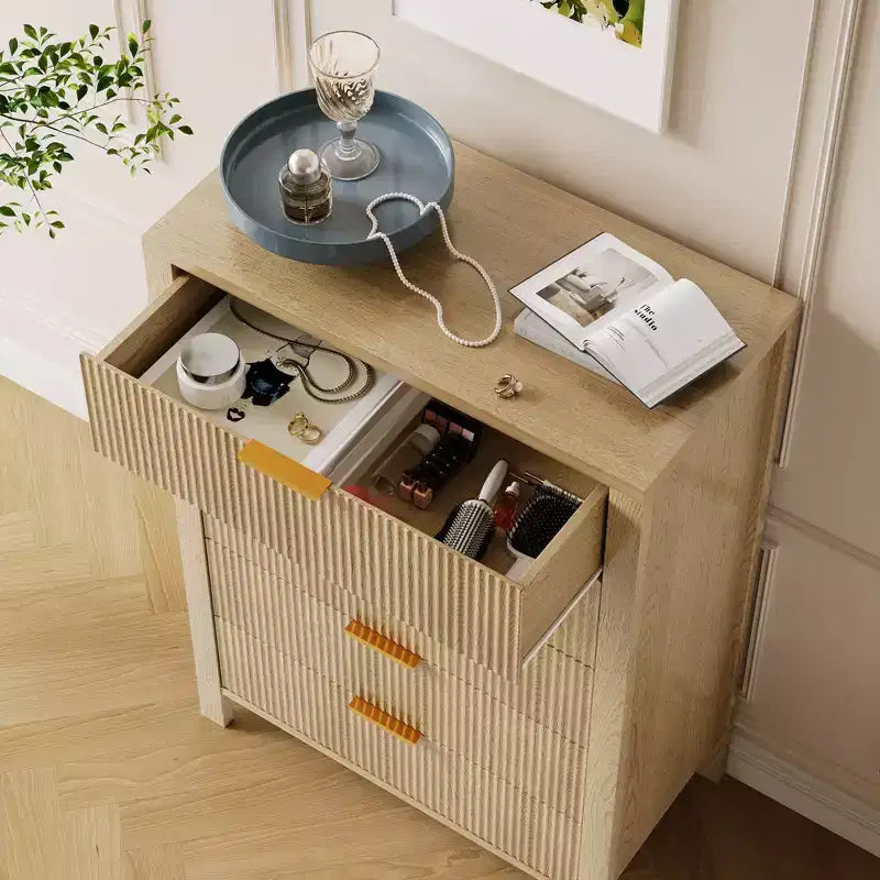 Cassettiera scanalata a 5 cassetti - Cassettiera stretta alta 114 cm per piccoli spazi, Comò in legno moderno stile rustico per camera da letto, cameretta, appartamento, Facile montaggio