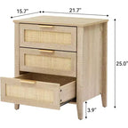 Comodino in Rattan 21.7L x 15.7W x 25H Finitura Rovere con 3 Cassetti in Rattan Naturale, Gambe in Legno Massello, Tavolino Boho per Camera da Letto e Soggiorno