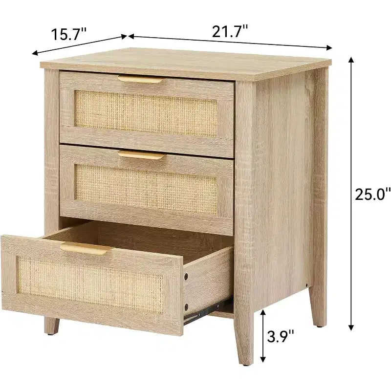 Comodino in Rattan 21.7L x 15.7W x 25H Finitura Rovere con 3 Cassetti in Rattan Naturale, Gambe in Legno Massello, Tavolino Boho per Camera da Letto e Soggiorno