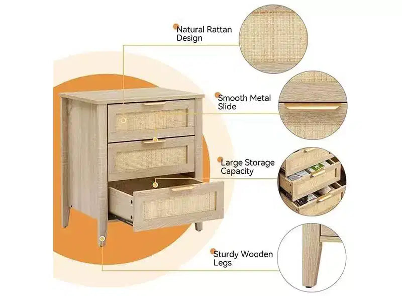 Comodino in Rattan 21.7L x 15.7W x 25H Finitura Rovere con 3 Cassetti in Rattan Naturale, Gambe in Legno Massello, Tavolino Boho per Camera da Letto e Soggiorno