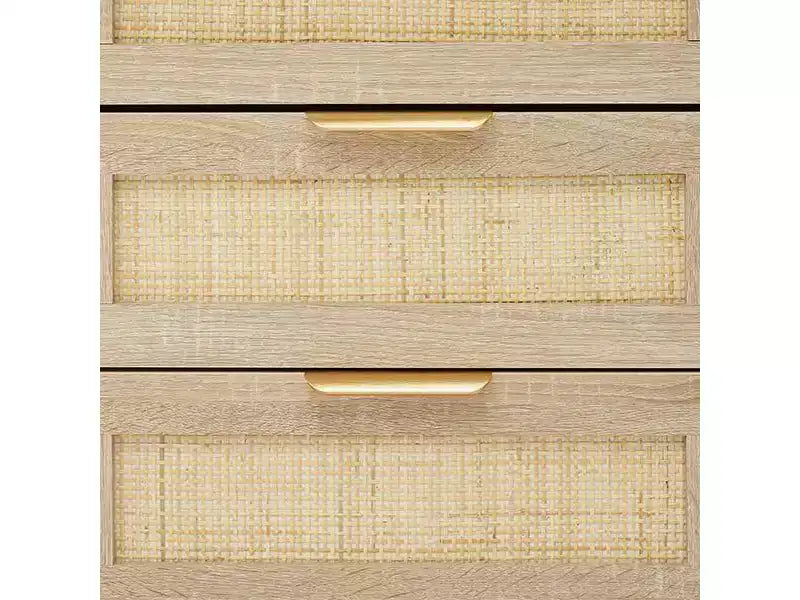 Comodino in Rattan 21.7L x 15.7W x 25H Finitura Rovere con 3 Cassetti in Rattan Naturale, Gambe in Legno Massello, Tavolino Boho per Camera da Letto e Soggiorno