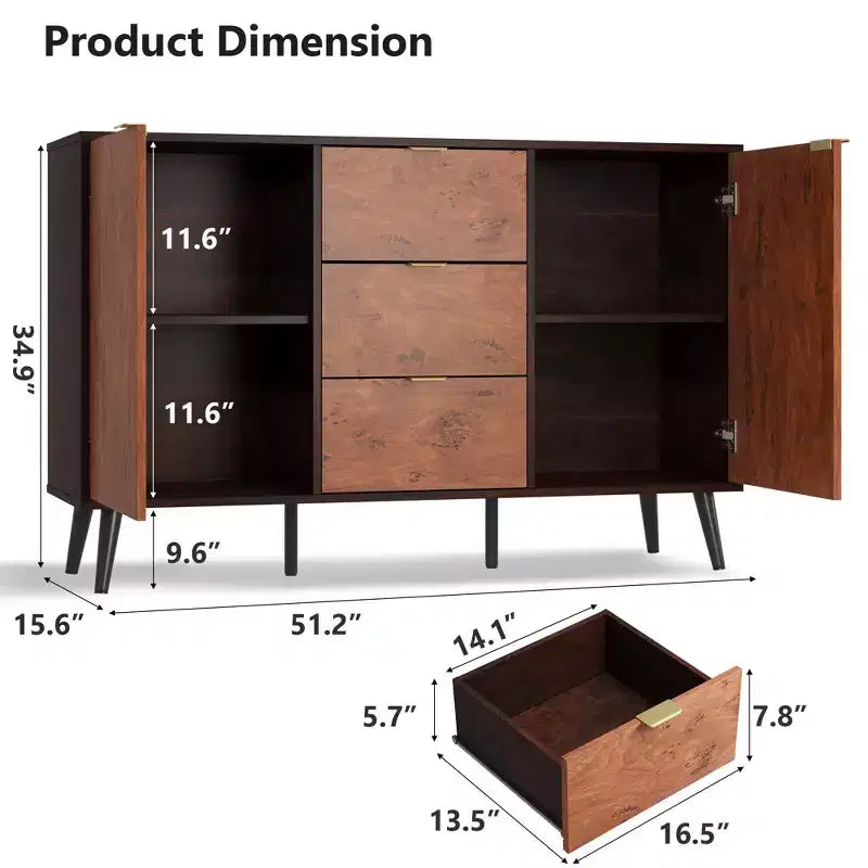 Credenza a Buffet 51,2", Armadietto da Caffè per Ingresso con 3 Cassetti, Mobile Console Media in Legno, Mobile Dispensa da Cucina per Soggiorno