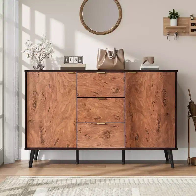 Credenza a Buffet 51,2", Armadietto da Caffè per Ingresso con 3 Cassetti, Mobile Console Media in Legno, Mobile Dispensa da Cucina per Soggiorno
