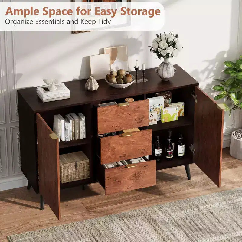 Credenza a Buffet 51,2", Armadietto da Caffè per Ingresso con 3 Cassetti, Mobile Console Media in Legno, Mobile Dispensa da Cucina per Soggiorno