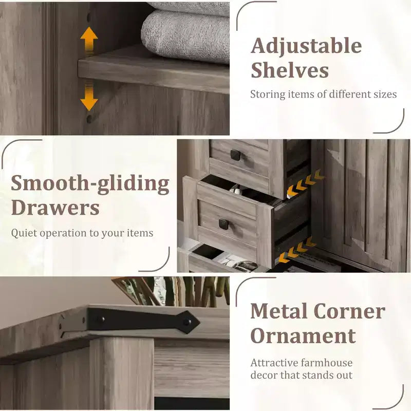 Cassettiera a 5 cassetti in stile rustico per camera da letto, cassettiera alta in legno da 48 pollici con anta scorrevole a fienile, ripiano regolabile, organizer per contenitori