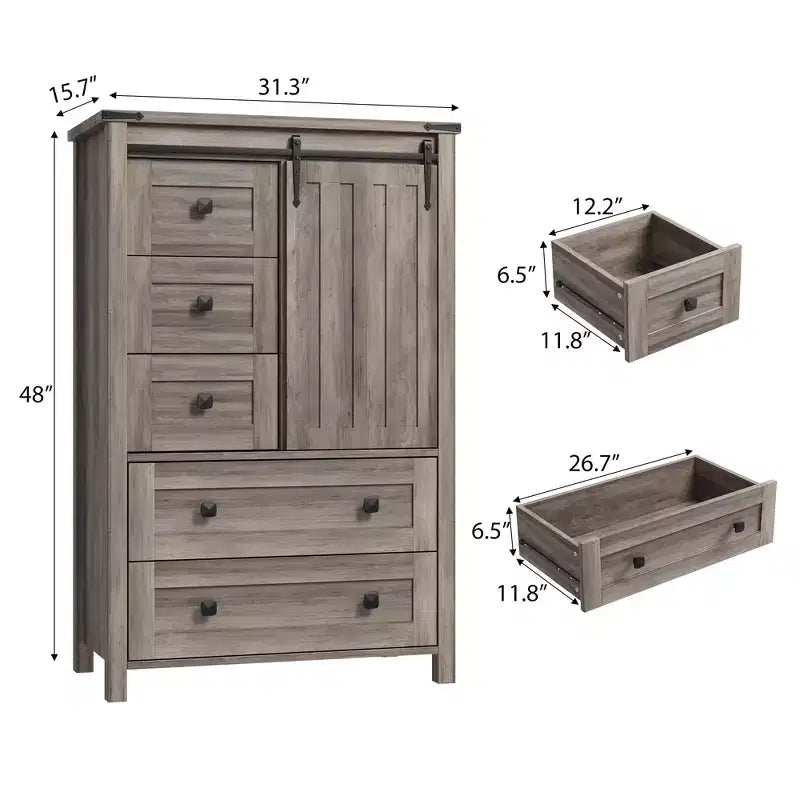 Cassettiera a 5 cassetti in stile rustico per camera da letto, cassettiera alta in legno da 48 pollici con anta scorrevole a fienile, ripiano regolabile, organizer per contenitori