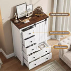 Cassettiera a 5 cassetti in stile rustico per camera da letto, cassettiera alta in legno da 48 pollici con anta scorrevole a fienile, ripiano regolabile, organizer per contenitori