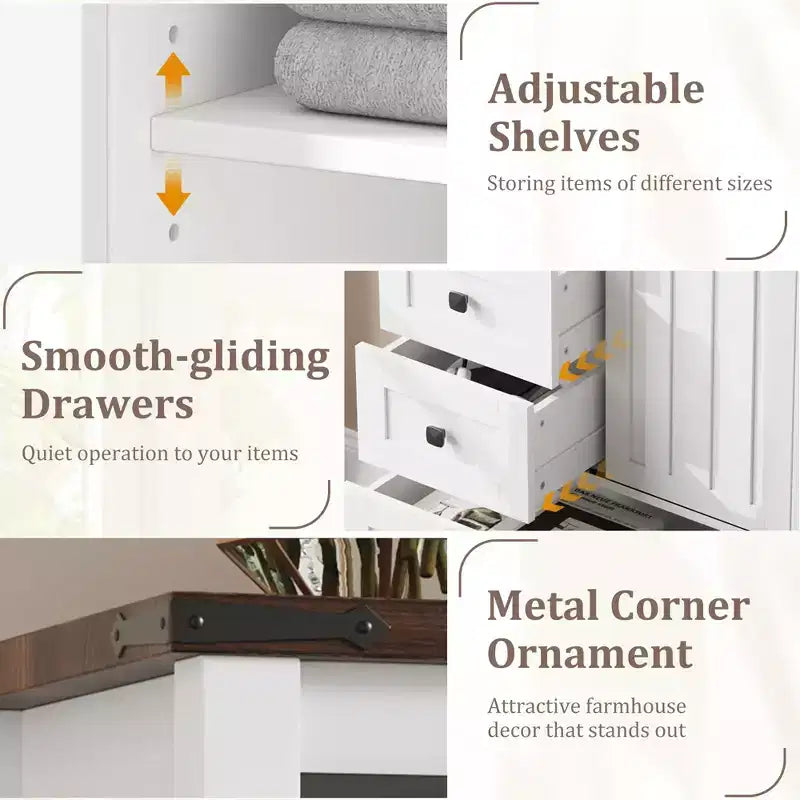 Cassettiera a 5 cassetti in stile rustico per camera da letto, cassettiera alta in legno da 48 pollici con anta scorrevole a fienile, ripiano regolabile, organizer per contenitori