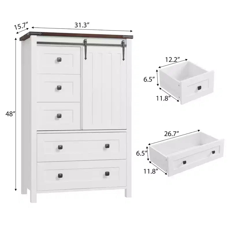 Cassettiera a 5 cassetti in stile rustico per camera da letto, cassettiera alta in legno da 48 pollici con anta scorrevole a fienile, ripiano regolabile, organizer per contenitori