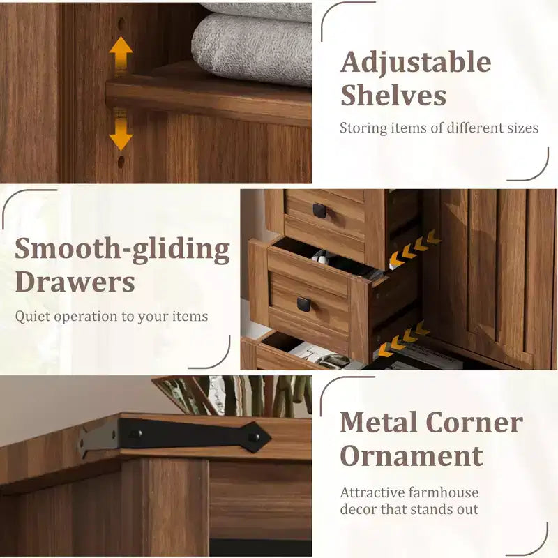 Cassettiera a 5 cassetti in stile rustico per camera da letto, cassettiera alta in legno da 48 pollici con anta scorrevole a fienile, ripiano regolabile, organizer per contenitori