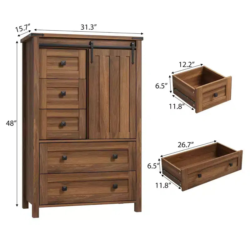 Cassettiera a 5 cassetti in stile rustico per camera da letto, cassettiera alta in legno da 48 pollici con anta scorrevole a fienile, ripiano regolabile, organizer per contenitori
