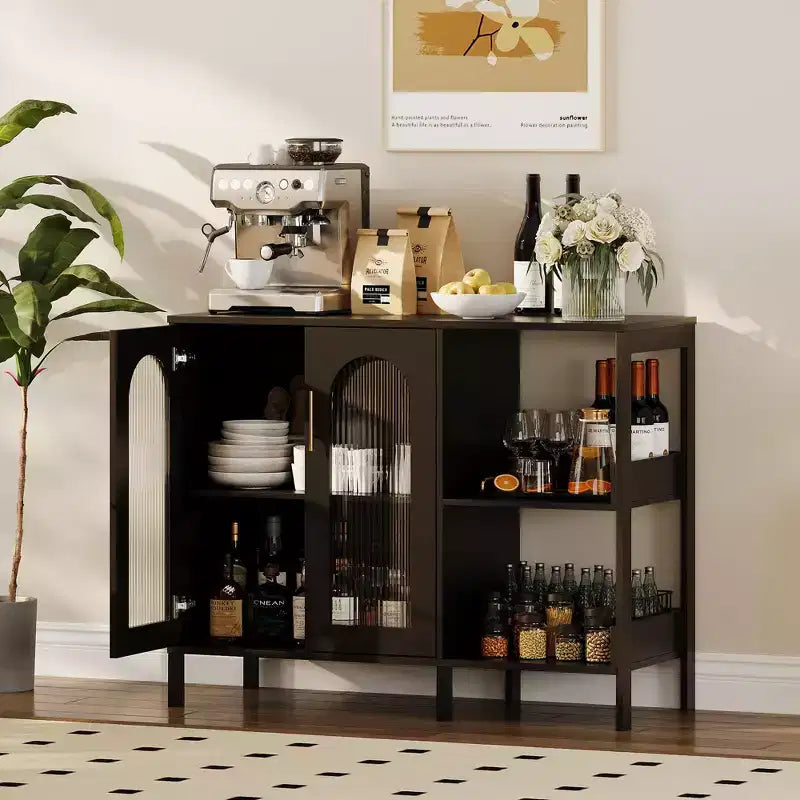 Mobile Buffet Credenza, Mobile Contenitore in Legno con Ante in Vetro, Due Maniglie in Metallo, Mobile Contenitore con Ripiani Regolabili, Credenza Moderna