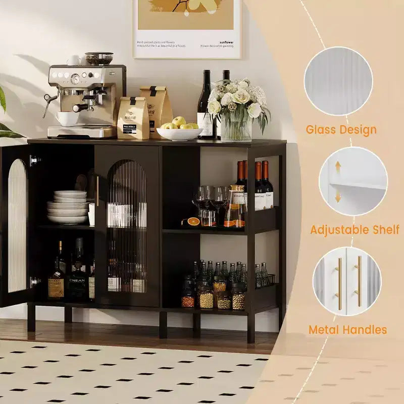 Mobile Buffet Credenza, Mobile Contenitore in Legno con Ante in Vetro, Due Maniglie in Metallo, Mobile Contenitore con Ripiani Regolabili, Credenza Moderna