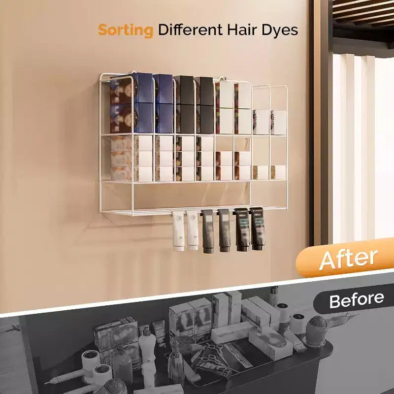 Organizzatore di tinte per capelli a ripiani, portaoggetti per salone in metallo a 2 livelli, da parete, per tubetti di tinture per capelli, bianco