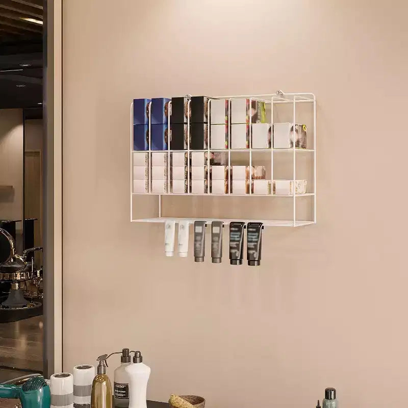 Organizzatore di tinte per capelli a ripiani, portaoggetti per salone in metallo a 2 livelli, da parete, per tubetti di tinture per capelli, bianco