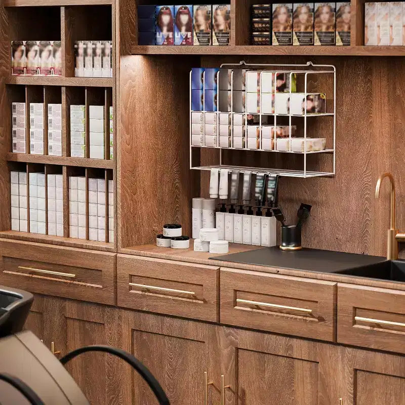 Organizzatore di tinte per capelli a ripiani, portaoggetti per salone in metallo a 2 livelli, da parete, per tubetti di tinture per capelli, bianco