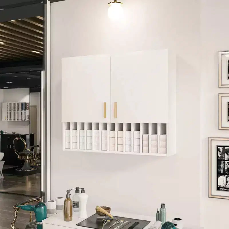 Hair Color Organizer Rack, Wall-Mounted Adjustable Shelves Salon Cabinet, White