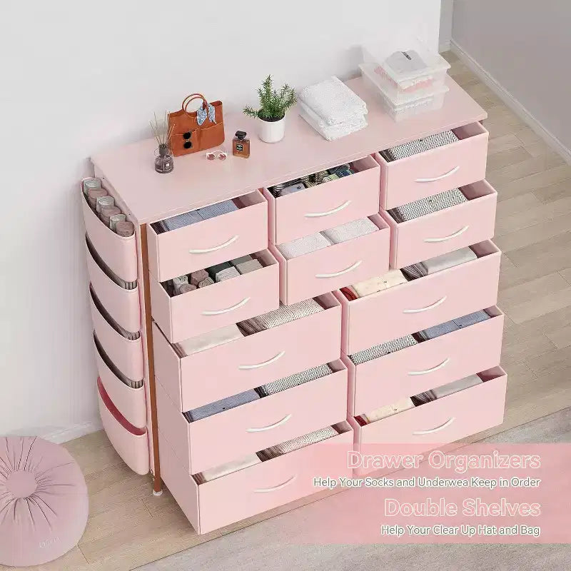 Cassettiera alta 90 cm per camera da letto con 12 cassetti, comò con tasche laterali e ganci, robusto telaio in acciaio, piano in legno, maniglia facile da tirare