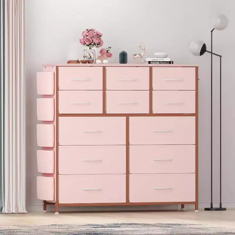 Cassettiera alta 90 cm per camera da letto con 12 cassetti, comò con tasche laterali e ganci, robusto telaio in acciaio, piano in legno, maniglia facile da tirare