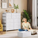 Cassettiera alta 90 cm per camera da letto con 12 cassetti, comò con tasche laterali e ganci, robusto telaio in acciaio, piano in legno, maniglia facile da tirare
