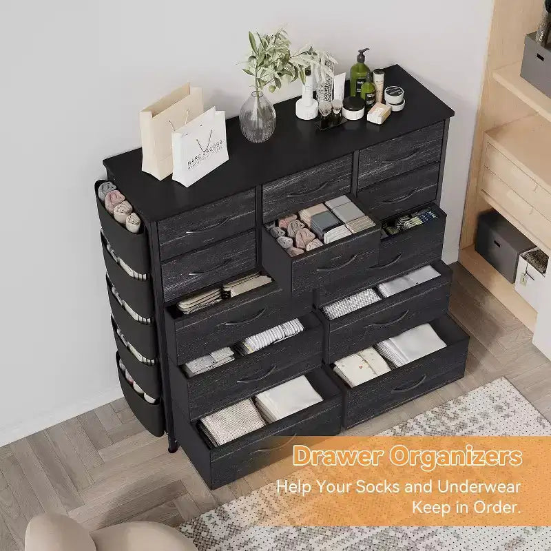Cassettiera alta 90 cm per camera da letto con 12 cassetti, comò con tasche laterali e ganci, robusto telaio in acciaio, piano in legno, maniglia facile da tirare