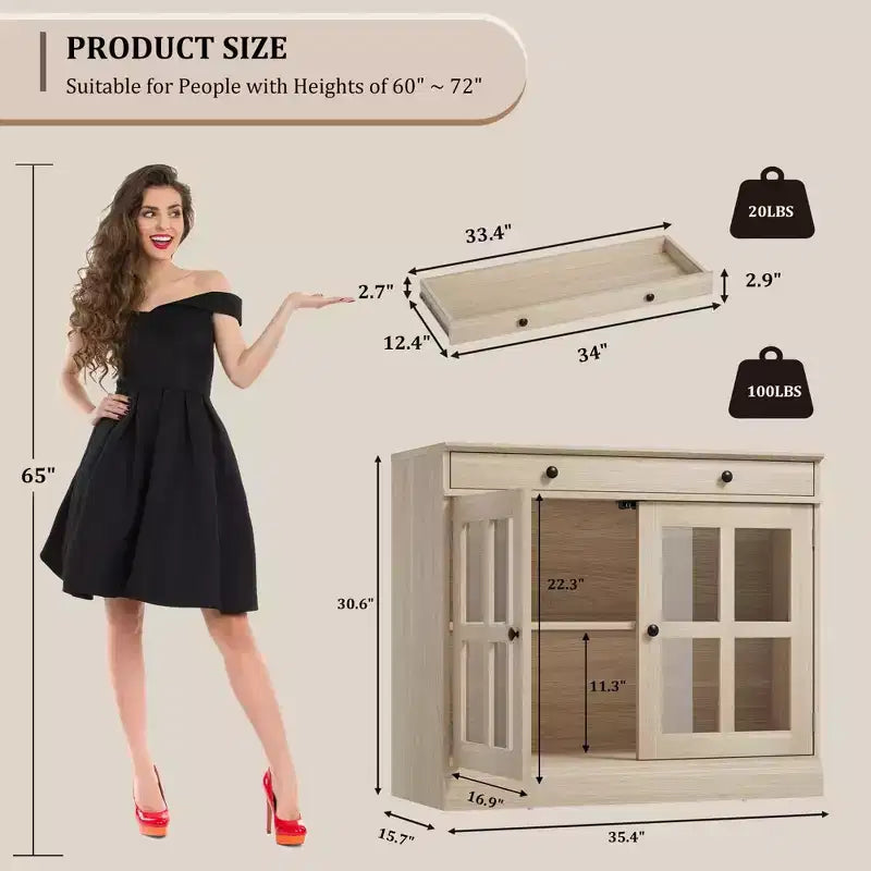 Credenze a Buffet con Anta in Vetro, Credenza da 35,4" con Cassetto Contenitore, Design Adattabile