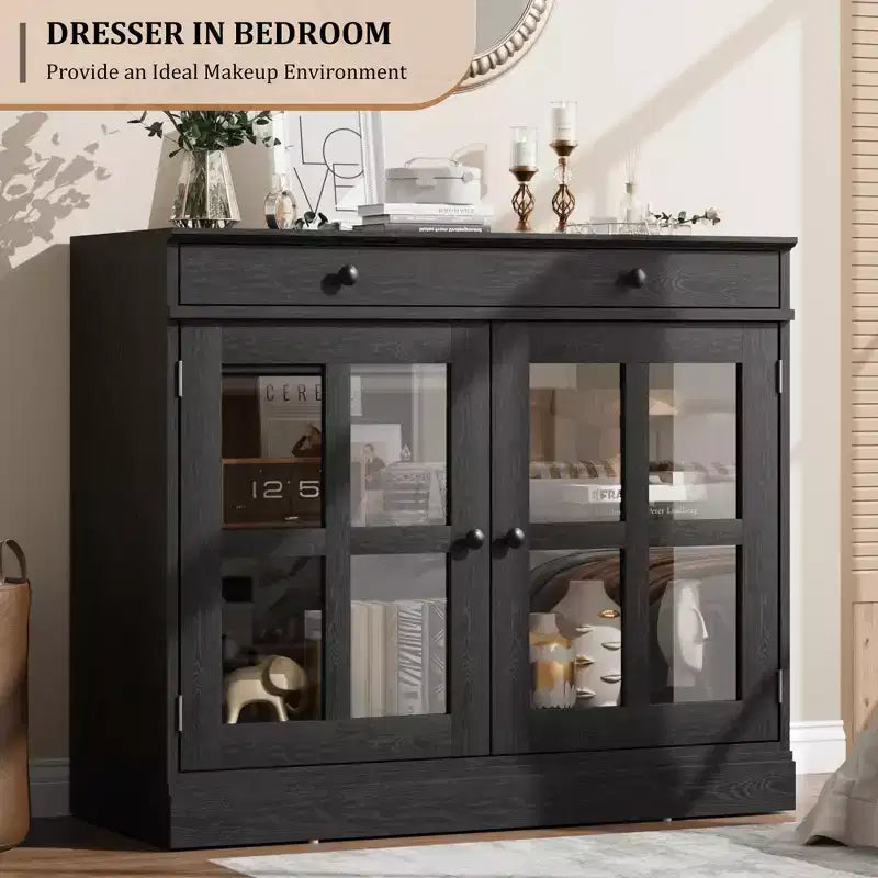Credenze a Buffet con Anta in Vetro, Credenza da 35,4" con Cassetto Contenitore, Design Adattabile