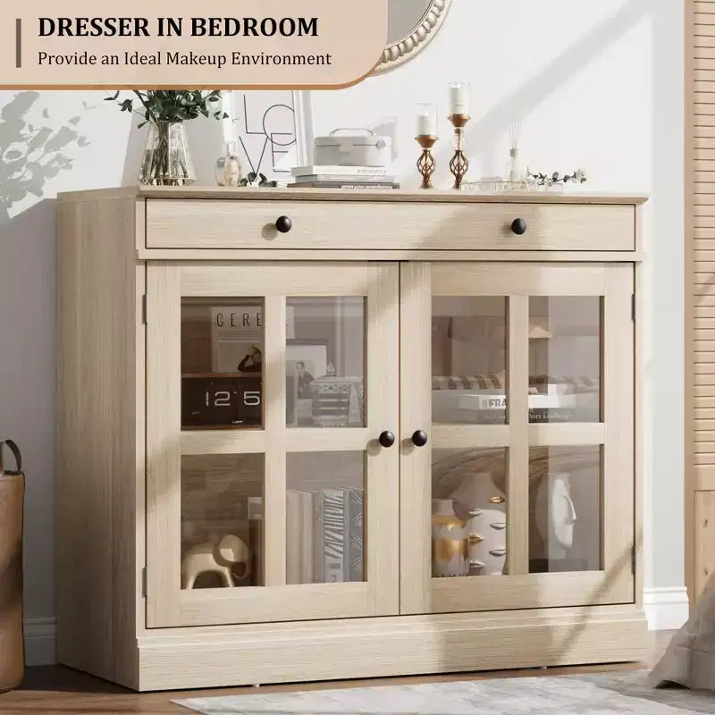 Credenze a Buffet con Anta in Vetro, Credenza da 35,4" con Cassetto Contenitore, Design Adattabile