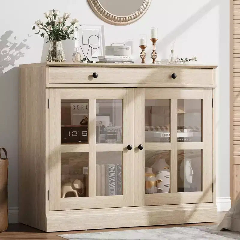 Credenze a Buffet con Anta in Vetro, Credenza da 35,4" con Cassetto Contenitore, Design Adattabile