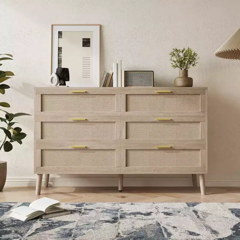 8 Drawer Dresser, Natural Rattan Dresser for Bedroom with 5 Strong Legs, Farmhouse Wood Chest of Drawer with Golden Handles